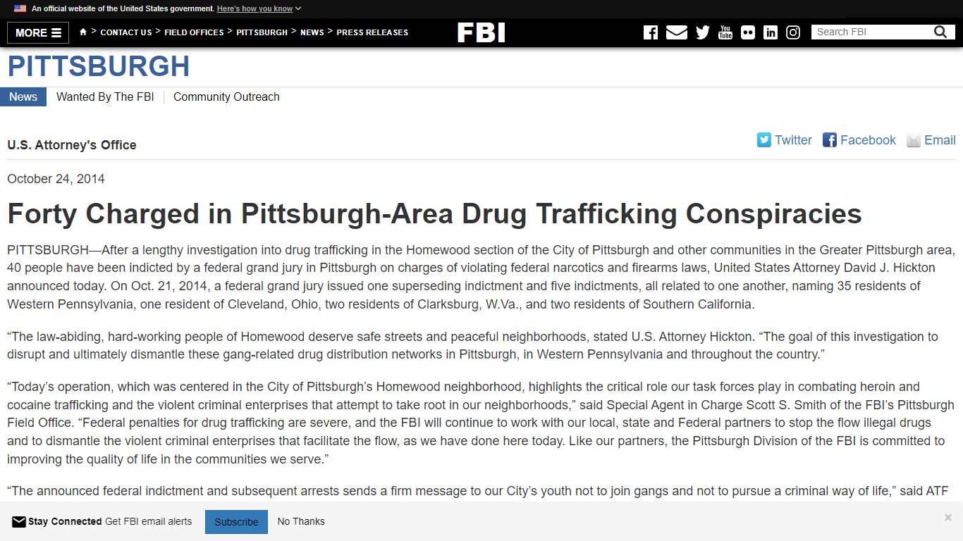 Forty Charged in Pittsburgh-Area Drug Trafficking Conspiracies